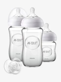 Kit Nouveau-né : 3 Biberons En Verre + Sucette Philips AVENT Natural Transparent - Philips Avent -Produits Pour Bébés Magasin kit nouveau ne 3 biberons en verre sucette philips avent natural 2